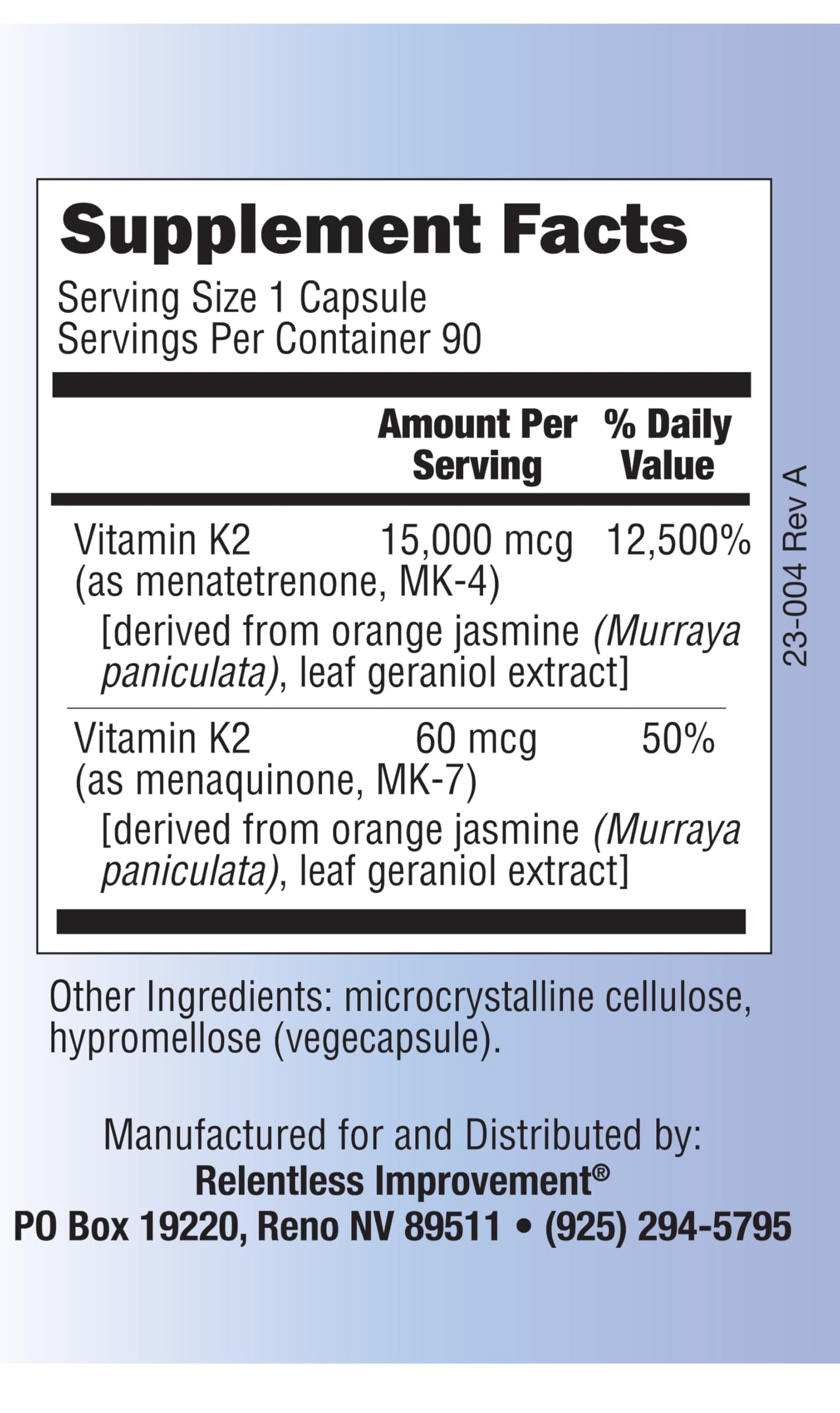 Relentless Improvement Vitamin K2 MK4 + MK7 – 15,000 mcg MK-4 + 60 mcg MK-7 Vegi-Capsules (Soy-Free)