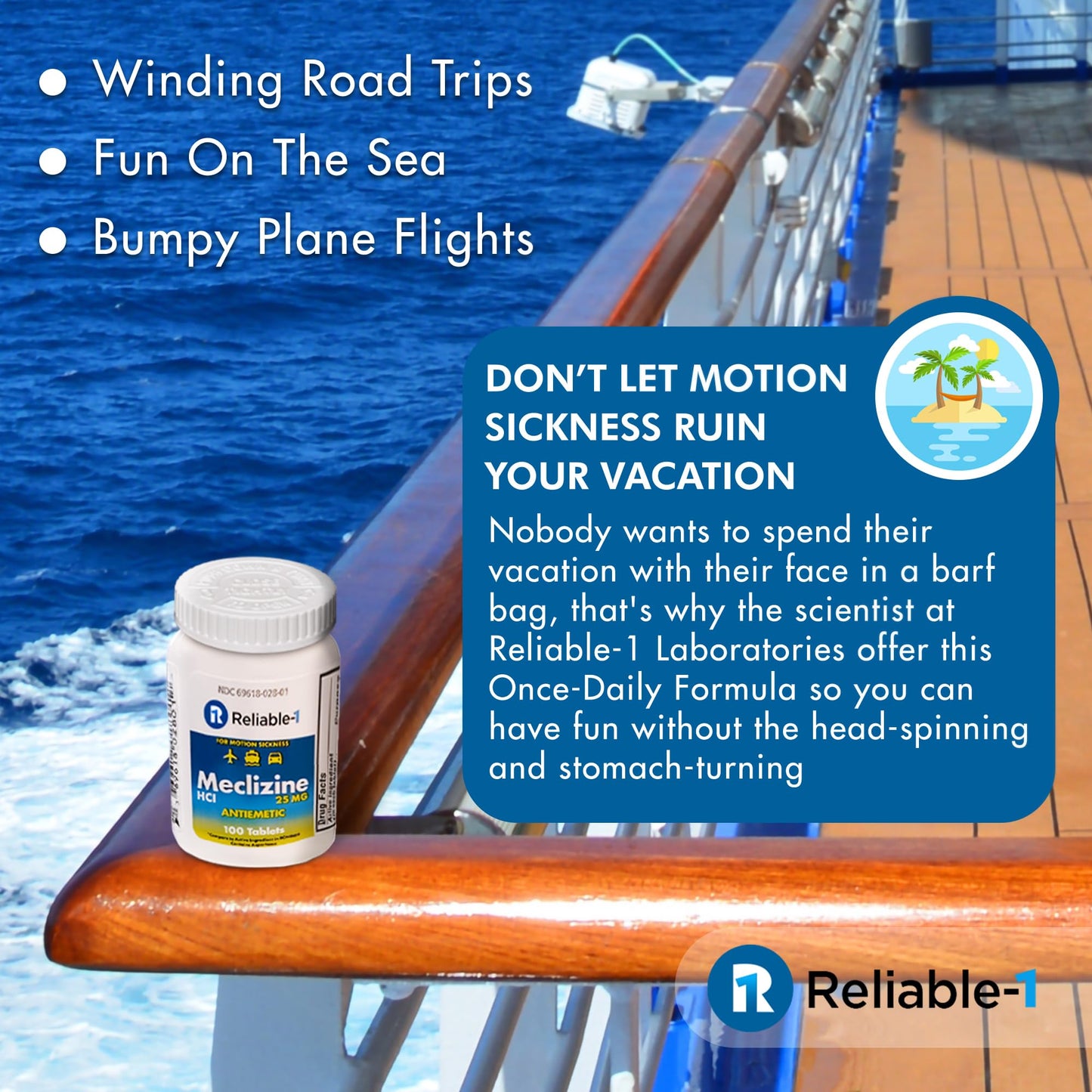 Reliable-1 Laboratories Meclizine HCL 25mg 100 Tablets (1 Bottle) | Motion Sickness Relief