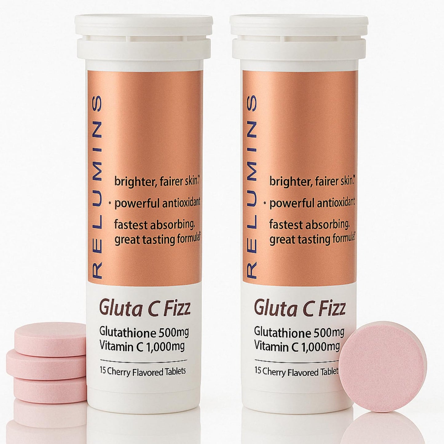 Relumins Gluta C Fizz – High-Dose Glutathione 500mg + Vitamin C 1000mg | Cherry Flavored Effervescent Tablets (30 Count)