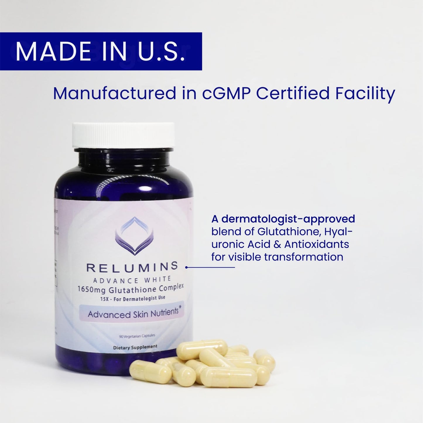 Relumins L-Glutathione Complex 1650mg – Halal & cGMP | 90 Capsules | Made in USA