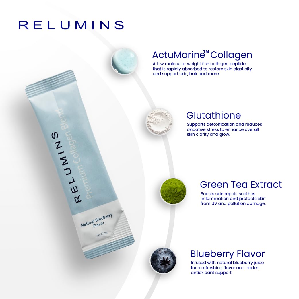 Relumins Marine Collagen Drink Mix 5000mg – Type I/II/III, Glutathione, Hyaluronic – Blueberry (100 Sachets + 10 Free)