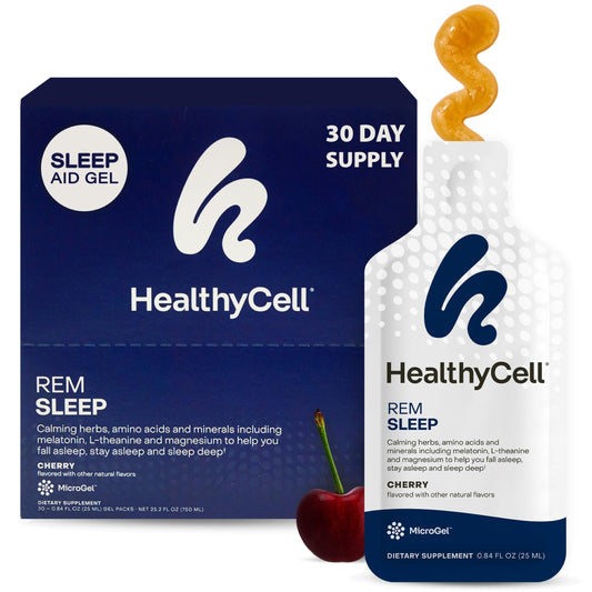HealthyCell REM Sleep Aid – Extra-Strength Liquid Gel Sleep Support for Adults | Melatonin, Magnesium, L-Theanine, GABA, Cherry Flavor, 30 Gel Packs