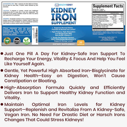 Kidney Iron Supplement Pills for Kidney Health – High-Absorption Iron Bis-Glycinate (30 Capsules)