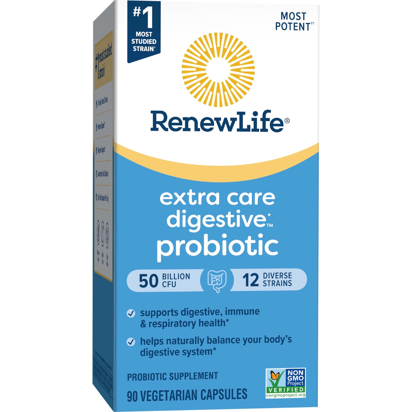 Renew Life Extra Care Probiotic – 50 Billion CFU, 12 Strains, 90 Caps | Gluten-Free, Dairy-Free, Soy-Free