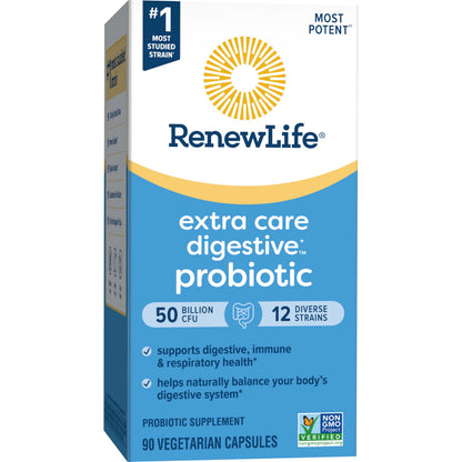 Renew Life Extra Care Probiotic – 50 Billion CFU, 12 Strains, 90 Caps | Gluten-Free, Dairy-Free, Soy-Free