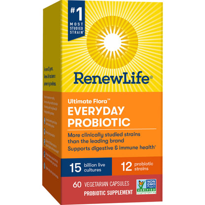 Renew Life Everyday Probiotic Capsules – 15 Billion CFU, 60 Count | Digestive, Immune & Urinary Support