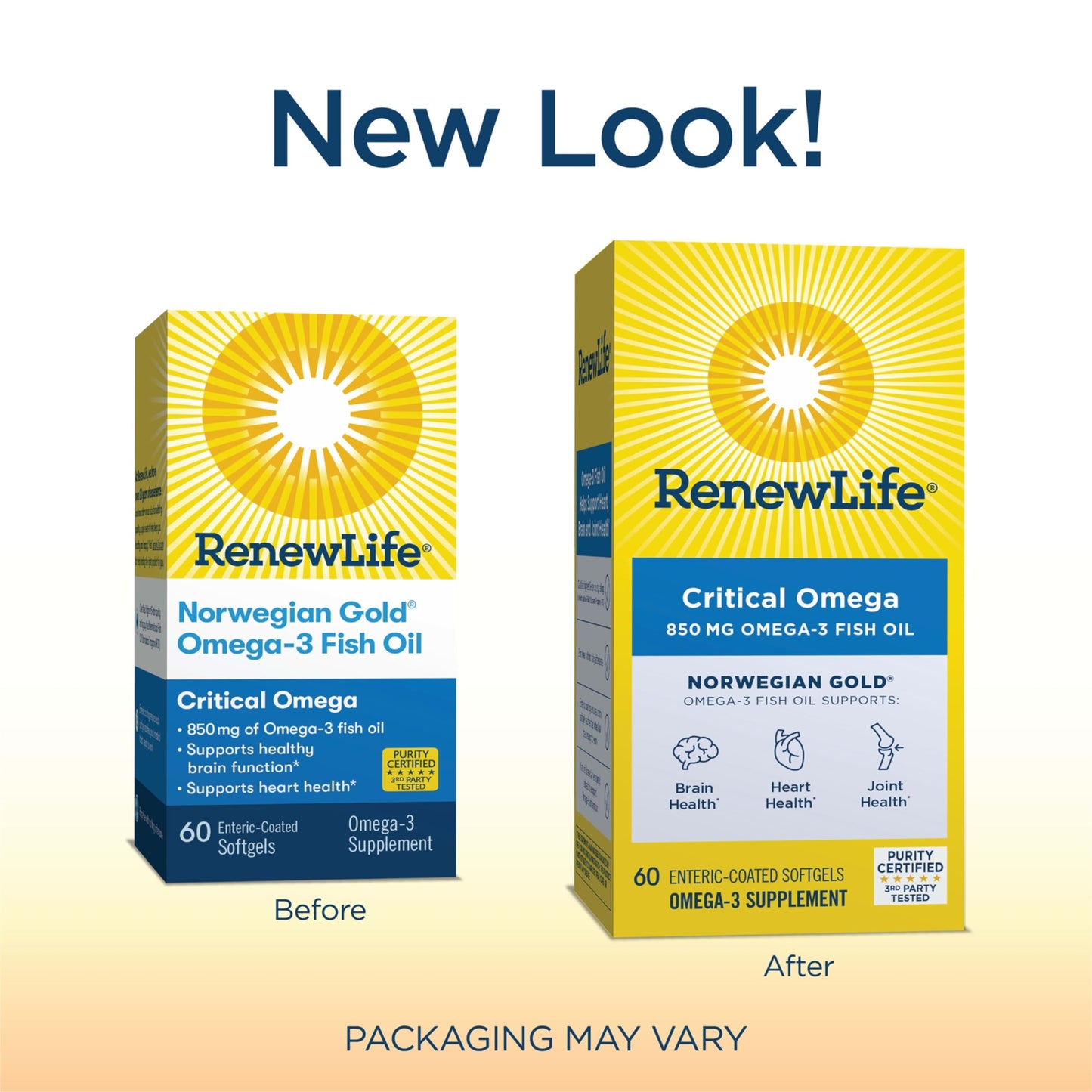 Renew Life Norwegian Gold Critical Omega-3 Fish Oil 850 mg Burp-Free Softgels (Pack May Vary)