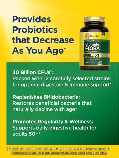 Renew Life Probiotic Adult 50 Plus – 30 Billion CFU, 90 Count Capsules | Digestive & Immune Support