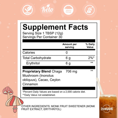Renude Chagaccino – Wild Chaga Mushroom Powder & Adaptogen Drink Mix | Vegan, Keto, Zero-Calorie, 30 Servings