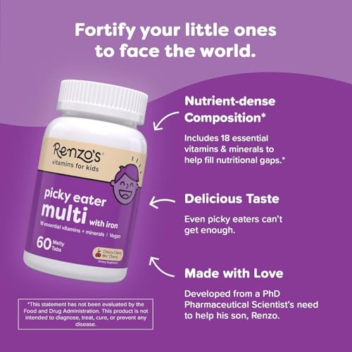 Renzo's Picky Eater Kids Multivitamin with Iron | Sugar-Free Melty Tabs – Cherry Mo' Cherry Flavor