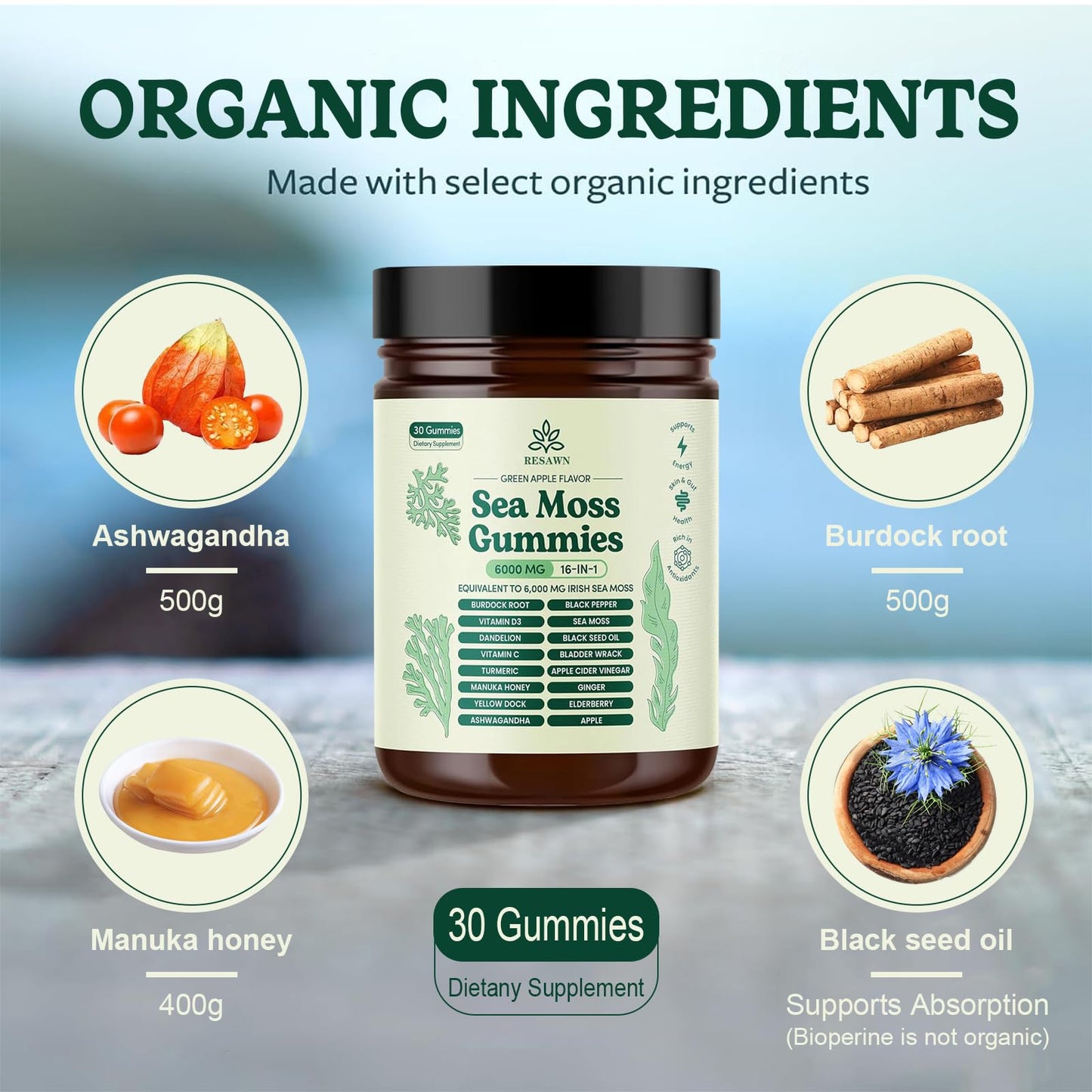 RESAWN Sea Moss 16-in-1 Gummies – 6,000 mg Supplement | Immune Support, Gut Health & Metabolism