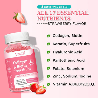 2 Pack Sugar Free Collagen Gummies for Women and Men – Multi-Collagen I-V X, Biotin, Strawberry 120 Count
