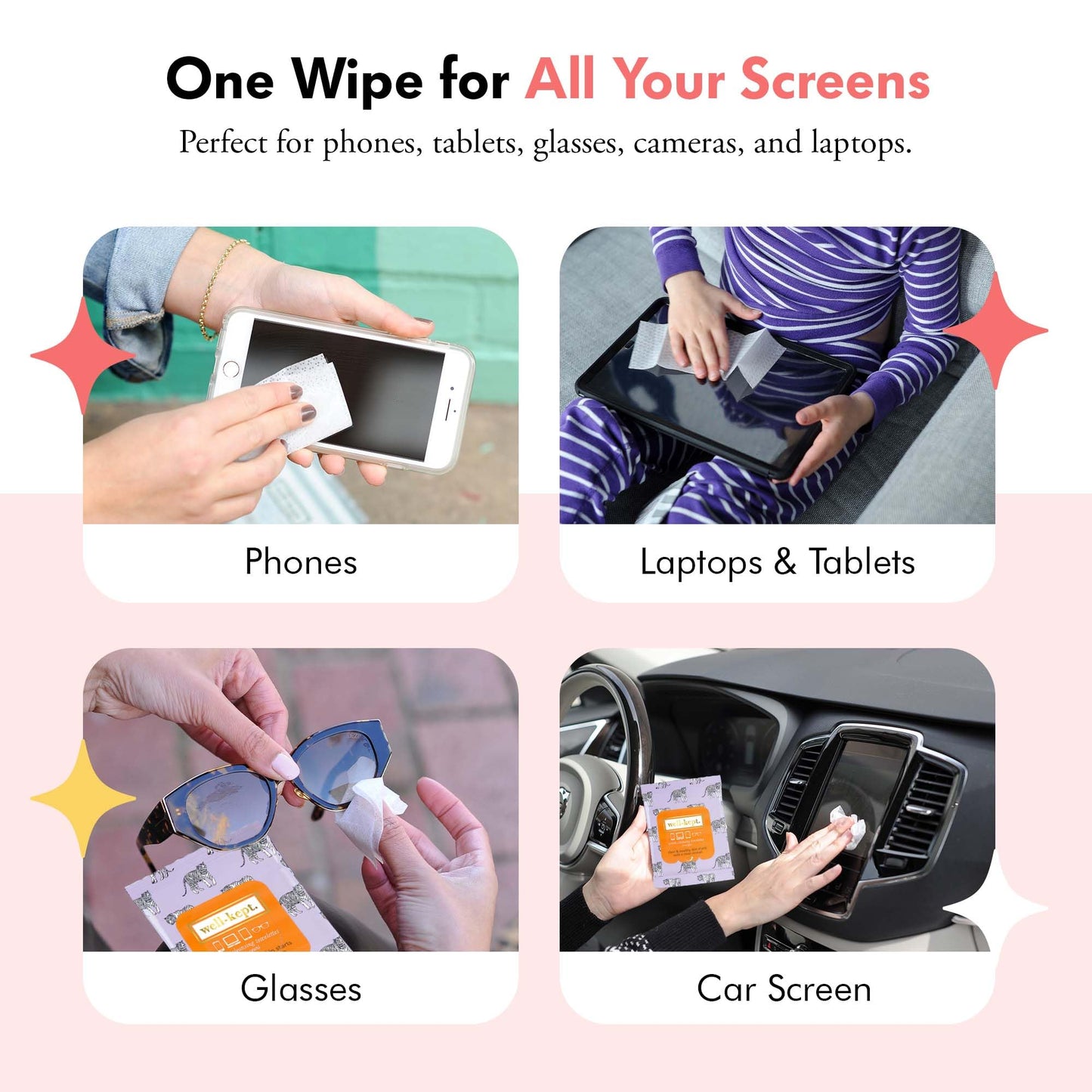 Well-Kept Tech & Lens Wipes - 12 Pack (180 Count) | Eyeglasses, Screens & Phones | Tiger Pose