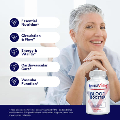 Research Verified Blood Booster – Blood Support with Hawthorn, Magnesium, Celery Seed Powder, BioPerine | 60 Capsules