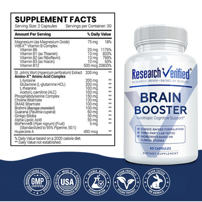 Research Verified Brain Booster – Nootropic for Memory & Focus, 180 Vegan Capsules (3 Bottles)