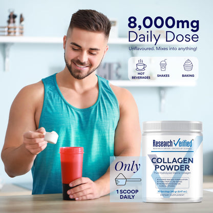 Research Verified Collagen Powder | Hydrolyzed Marine Collagen Peptides – Unflavored, 30 Scoops, 3 Month Supply