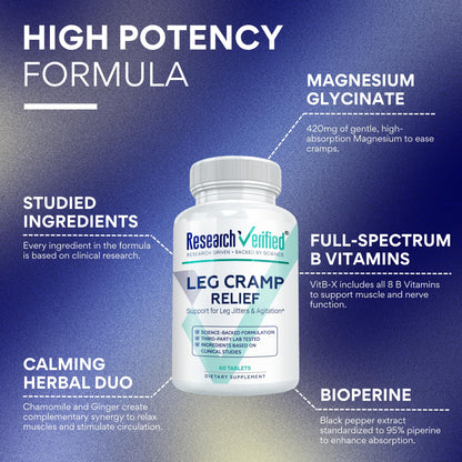 Research Verified Leg Cramps – Magnesium, B Vitamins, Ginger & Chamomile for Circulation Support – Vegan, 6-Month Supply