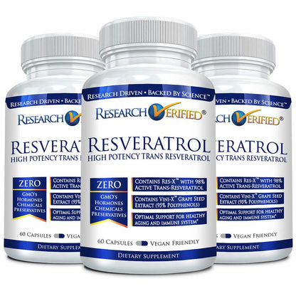 Research Verified Resveratrol - 98% Trans-Resveratrol 1000 mg, Anti-Aging Support - 60 Capsules per Bottle - 3 Bottles