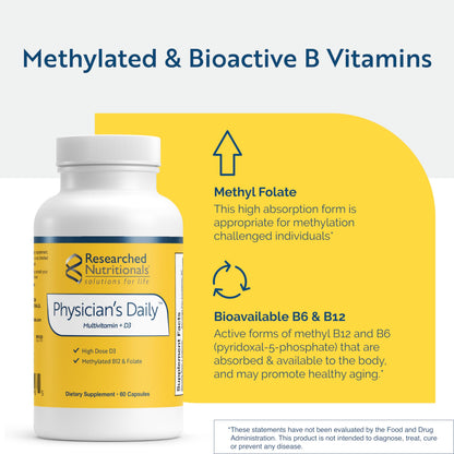 Researched Nutritionals Physician's Daily + D3 – Daily Multivitamin with Vitamin D3 2000 IU for Men & Women