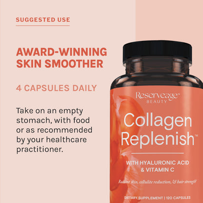 Reserveage Beauty Collagen Replenish - Collagen Booster & Supplement for Healthy Skin, Hair Growth | 120 Capsules (30 Servings)