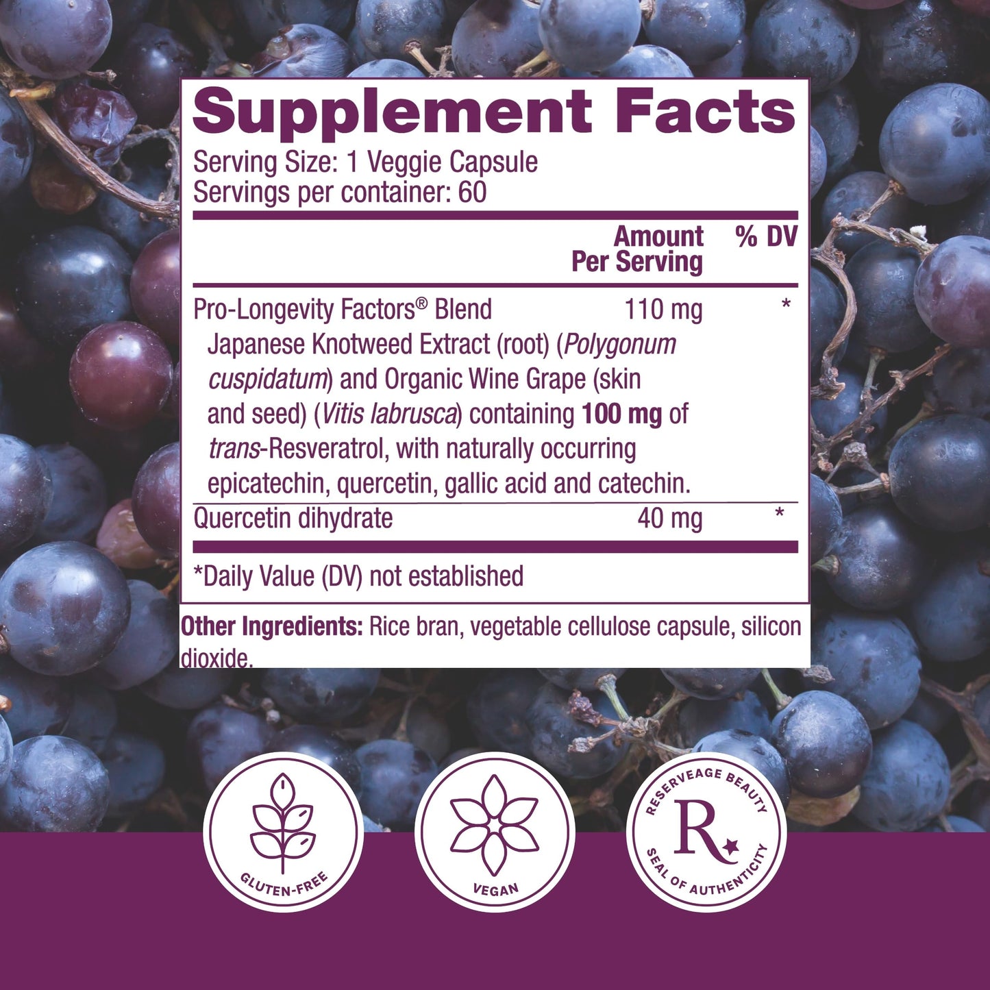 Reserveage Beauty Resveratrol 100 mg – Antioxidant for Heart & Cellular Health | 60 Capsules