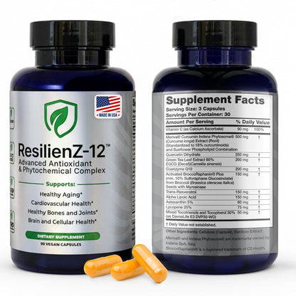ResilienZ-12 Antioxidants Supplement – 12-in-1 Phytonutrient Complex with Meriva Curcumin Phytosome, Vitamin C, Sulforaphane, Astaxanthin, EGCG Green Tea, CoQ10 & Quercetin – 90 Vegan Capsules