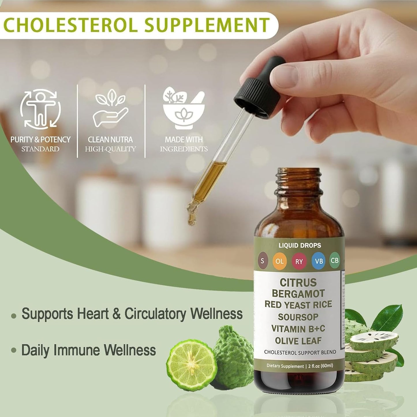 RESONA Red Yeast Rice Drops – Cholesterol Support Blend with Citrus Bergamot, Soursop, Olive Leaf & Vitamin B+C (2 fl oz) – Vegan & Non-GMO