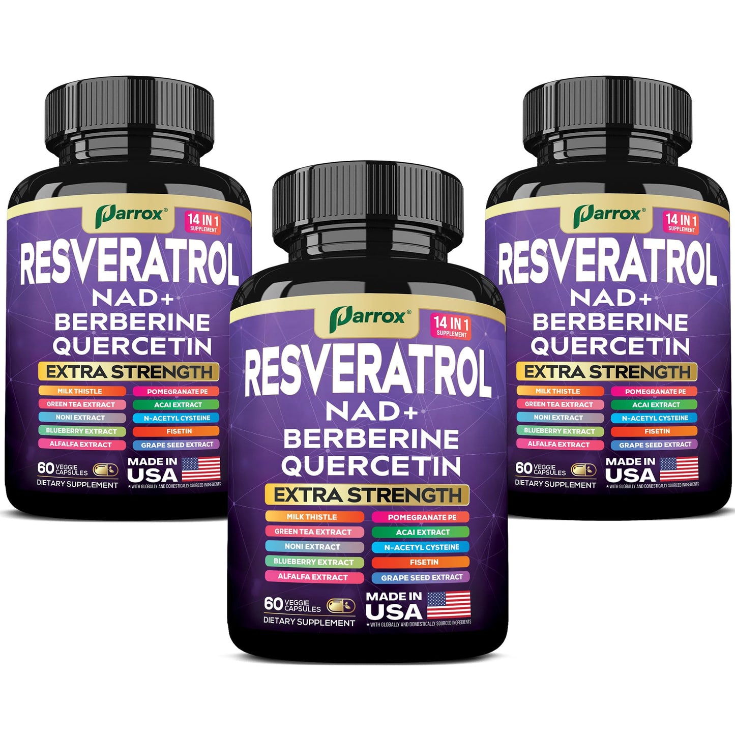 Resveratrol 14-in-1 Extra Strength (180 Caps) with NAD+, NAC & Berberine