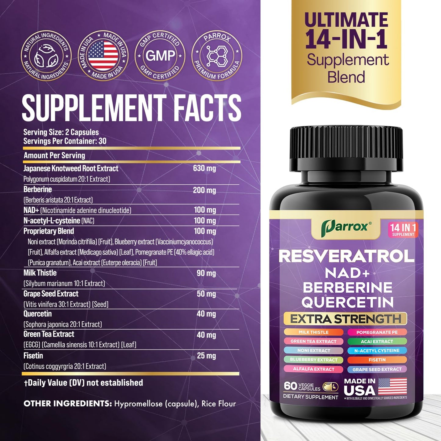 Resveratrol 14-in-1 Extra Strength (180 Caps) with NAD+, NAC & Berberine