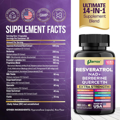 Resveratrol 14-in-1 Extra Strength (180 Caps) with NAD+, NAC & Berberine