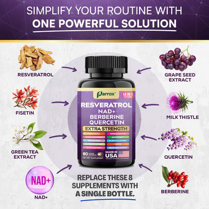 Resveratrol 14-in-1 Extra Strength (180 Caps) with NAD+, NAC & Berberine