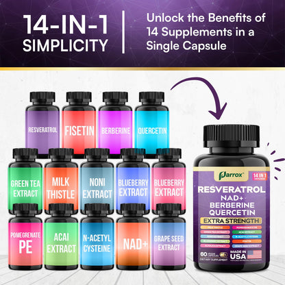Resveratrol 14-in-1 Extra Strength (180 Caps) with NAD+, NAC & Berberine
