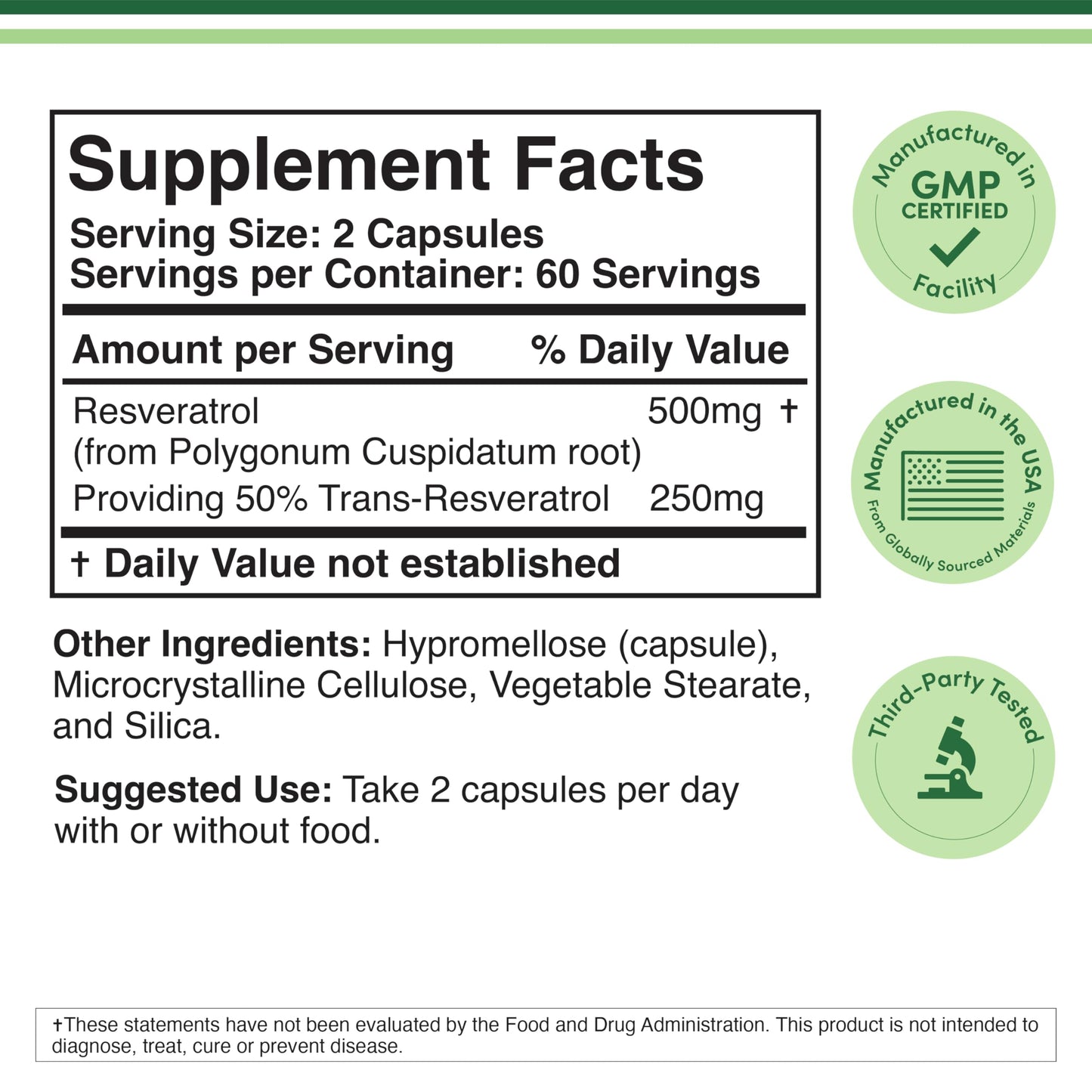 Resveratrol 500mg per Serving – 120 Capsules (Pack of 2) | Double Wood