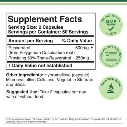 Resveratrol 500mg per Serving – 120 Capsules (Pack of 2) | Double Wood