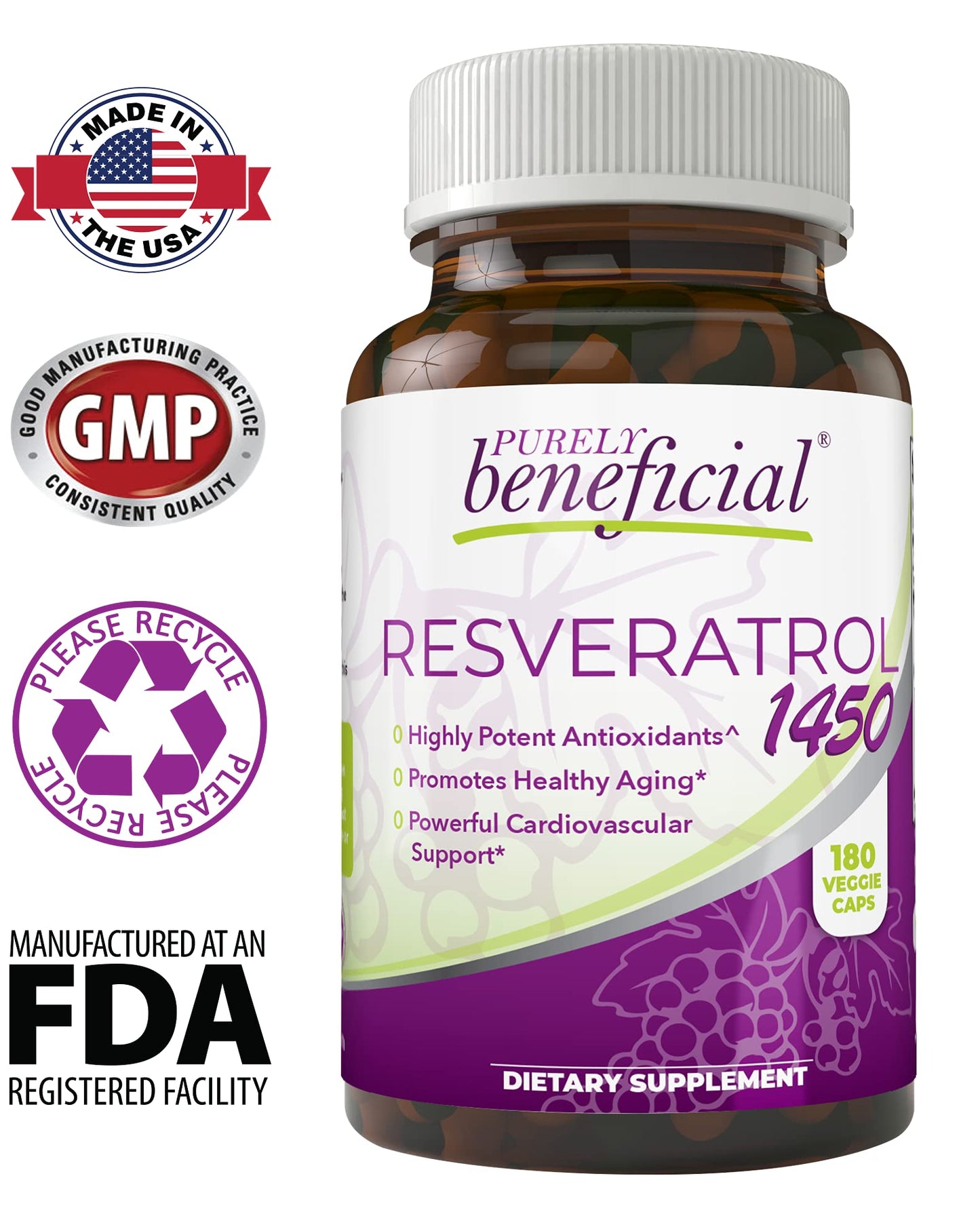PURELY Beneficial Resveratrol1450 – 90-Day Supply, 1450mg per Serving, Anti-Aging & Cardiovascular Support