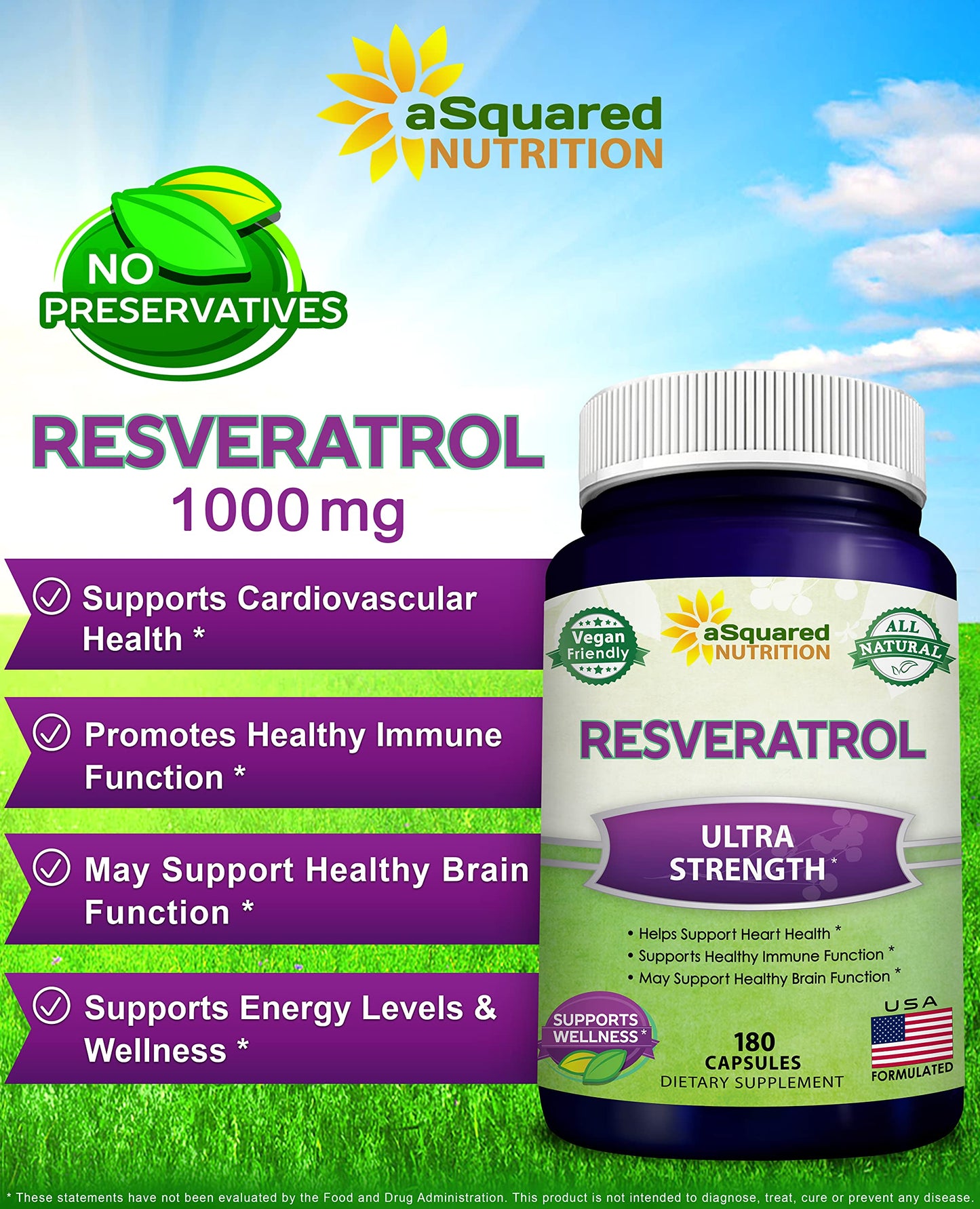 100% Natural Resveratrol 1000mg/Serving | 180 Capsules | Heart Health