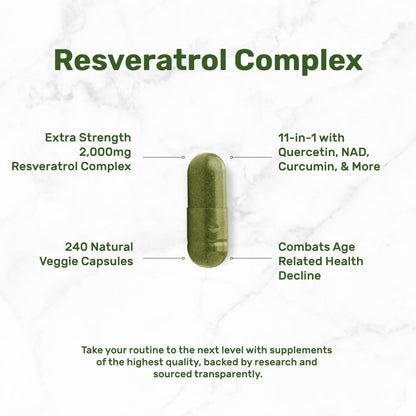 Resveratrol Complex 2000mg – 240 Veggie Capsules | NAD, Quercetin & More