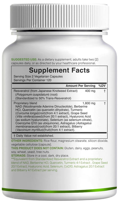 Resveratrol Complex 2000mg – 240 Veggie Capsules | NAD, Quercetin & More