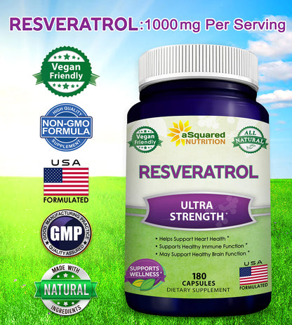 100% Natural Resveratrol 1000mg/Serving | 180 Capsules | Heart Health