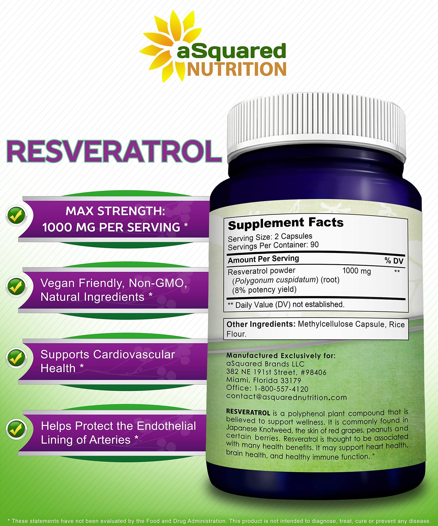 100% Natural Resveratrol 1000mg/Serving | 180 Capsules | Heart Health