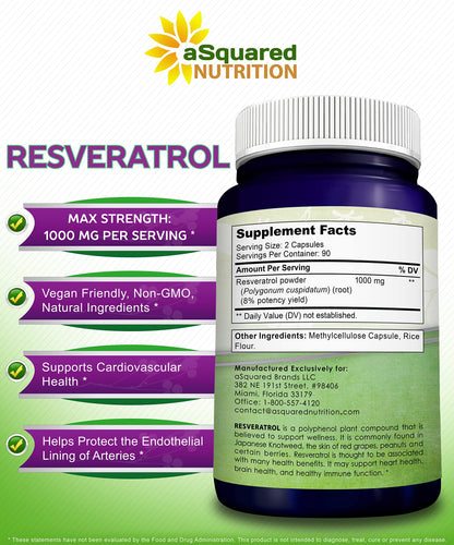 100% Natural Resveratrol 1000mg/Serving | 180 Capsules | Heart Health