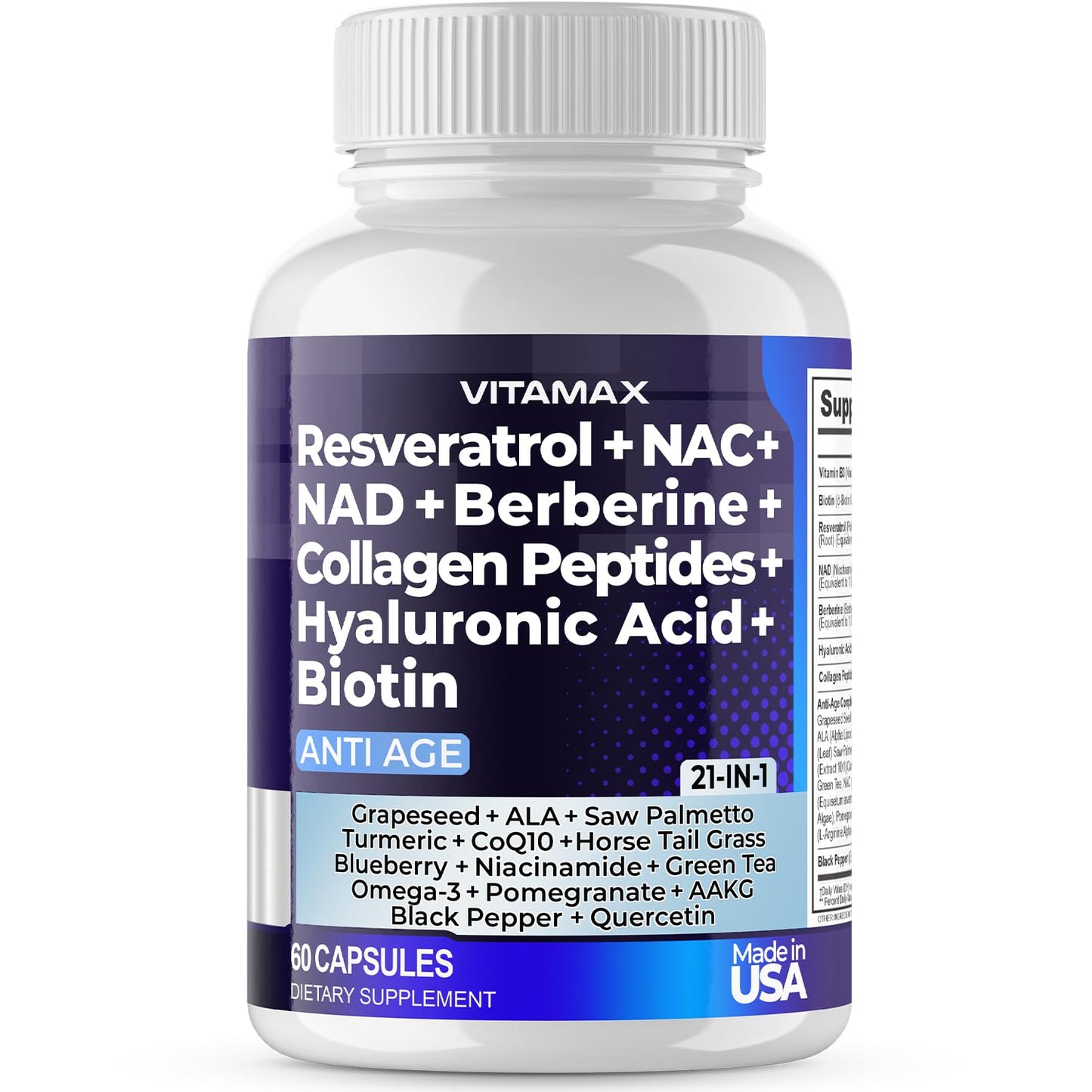 Resveratrol NAD+ Berberine Hyaluronic Acid 21-in-1 Hair, Skin, Nail & Joint Supplement – Made in USA (60 Count)
