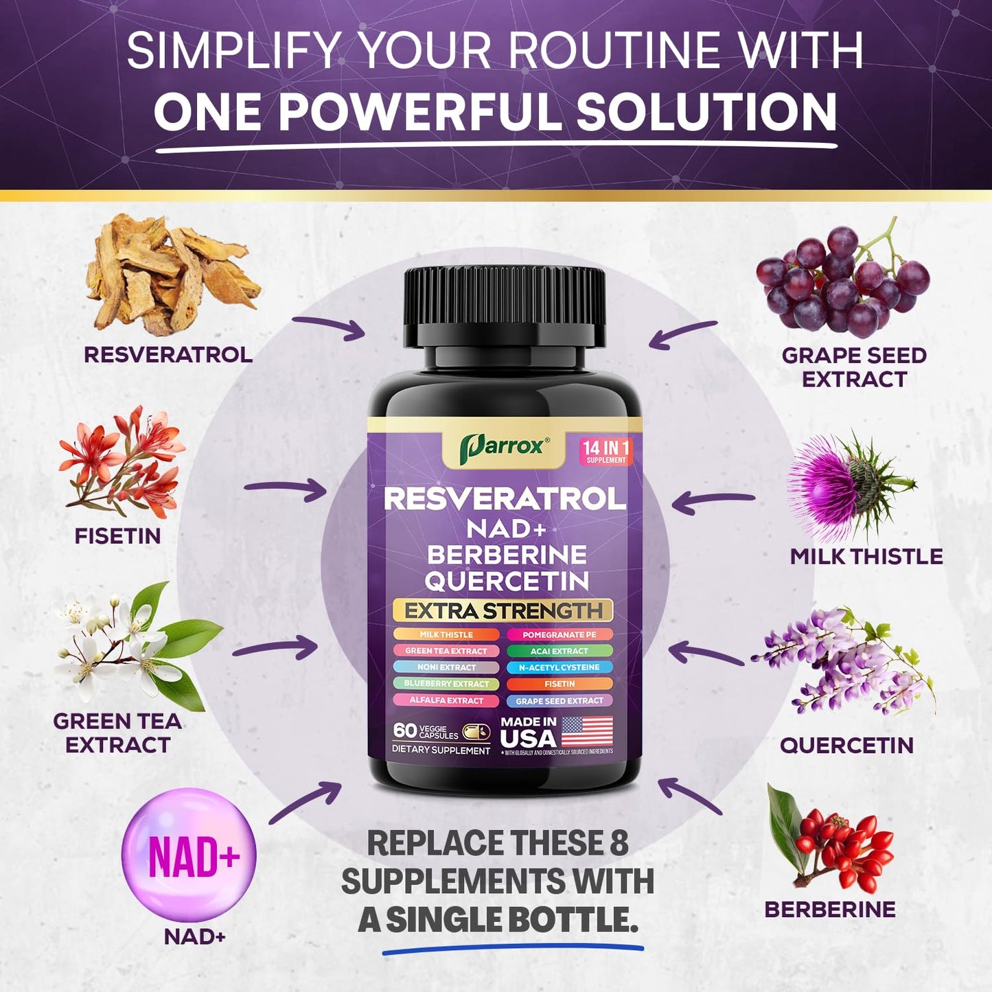 Resveratrol 14-in-1 Extra Strength Supplement (120 Caps) – NAD+, NAC, Milk Thistle & More