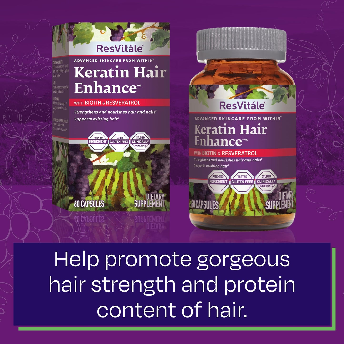 ResVitale Keratin Hair Enhance - Keratin + Biotin Hair Growth Supplement | 60 Capsules