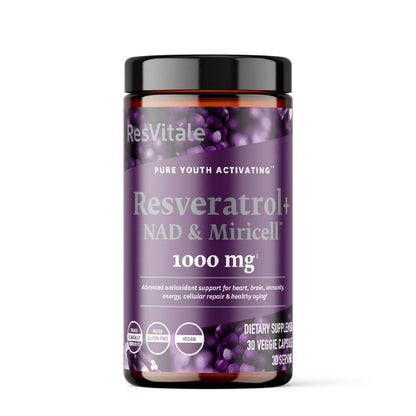 ResVitále Resveratrol + NAD & Miricell 1000 mg | Advanced Antioxidant Support | 30 Veggie Capsules