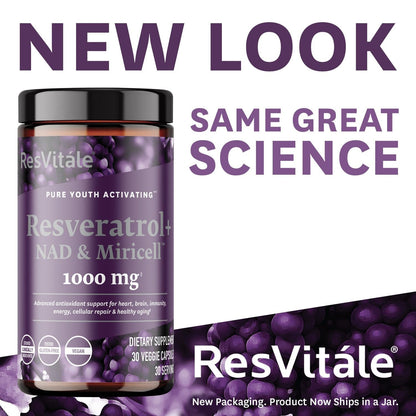 ResVitále Resveratrol + NAD & Miricell 1000 mg | Advanced Antioxidant Support | 30 Veggie Capsules