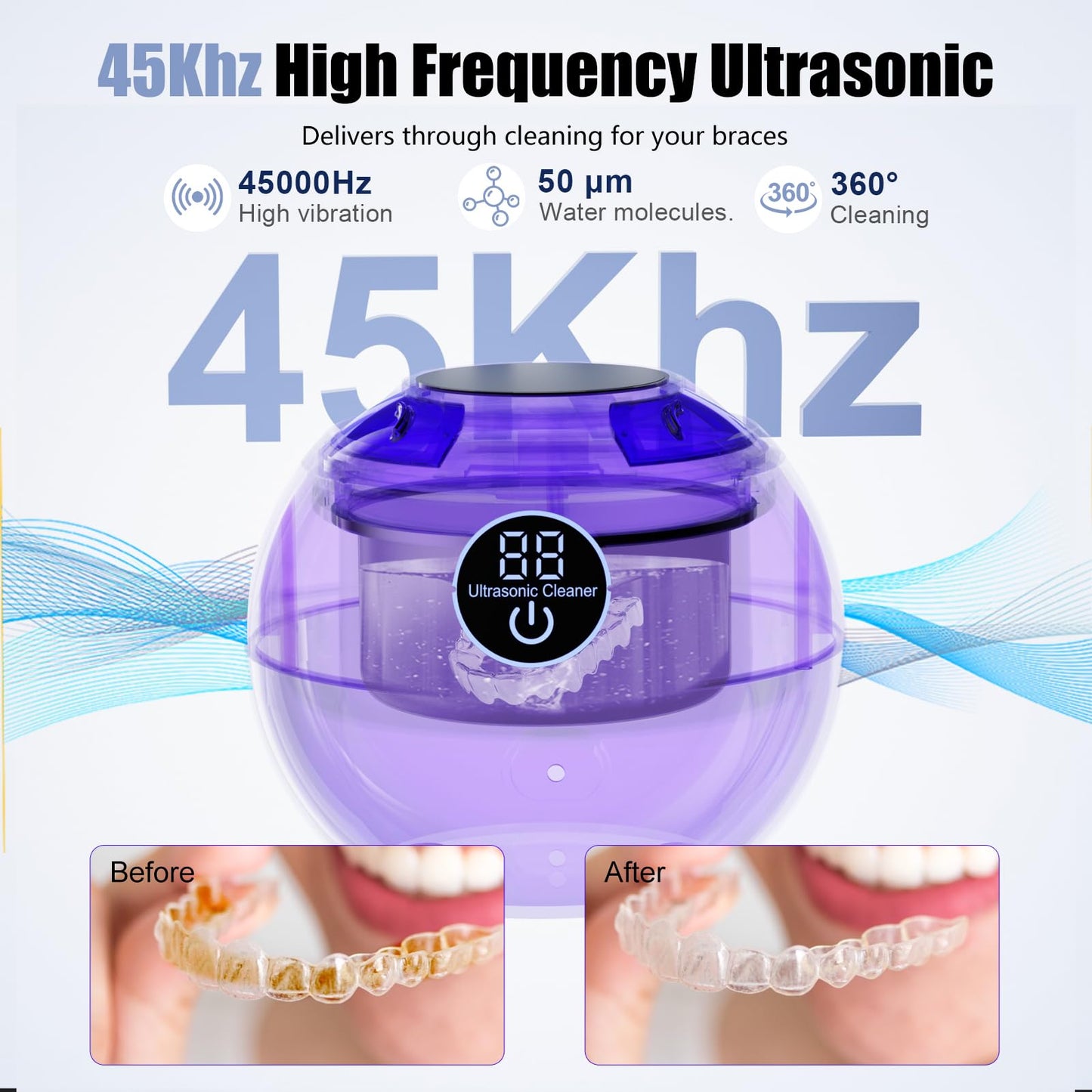 45kHz Ultrasonic Retainer Cleaner Machine – 3 Modes, IPX6 Waterproof, 200ml
