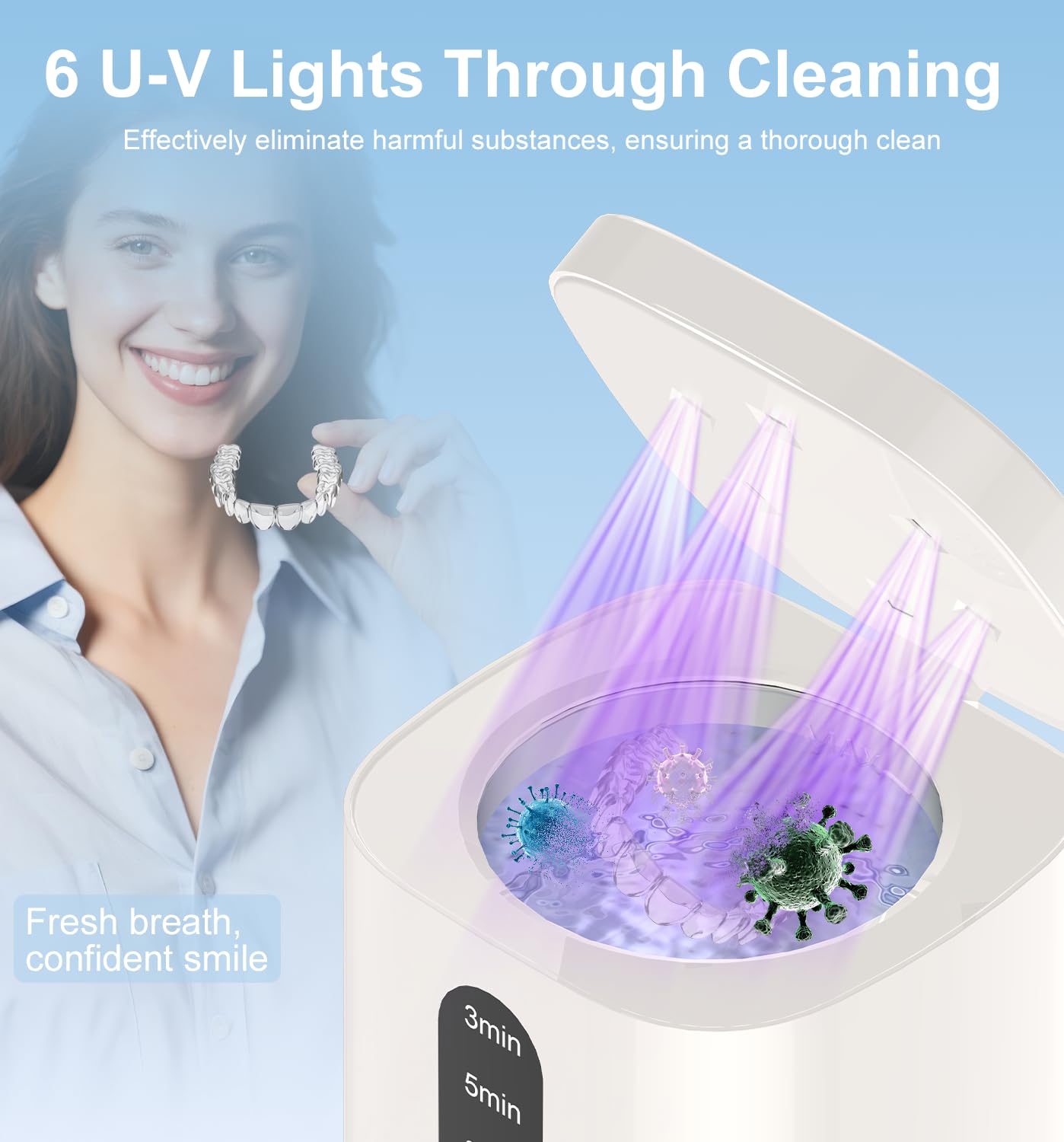 2025 Ultrasonic Retainer Cleaner Machine – 45kHz, UV Light, 3 Cleaning Modes, 200ML Capacity