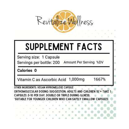 Revitalize Wellness Vitamin C Capsules – 1000 mg, 200 Servings, Pure & GMO-Free