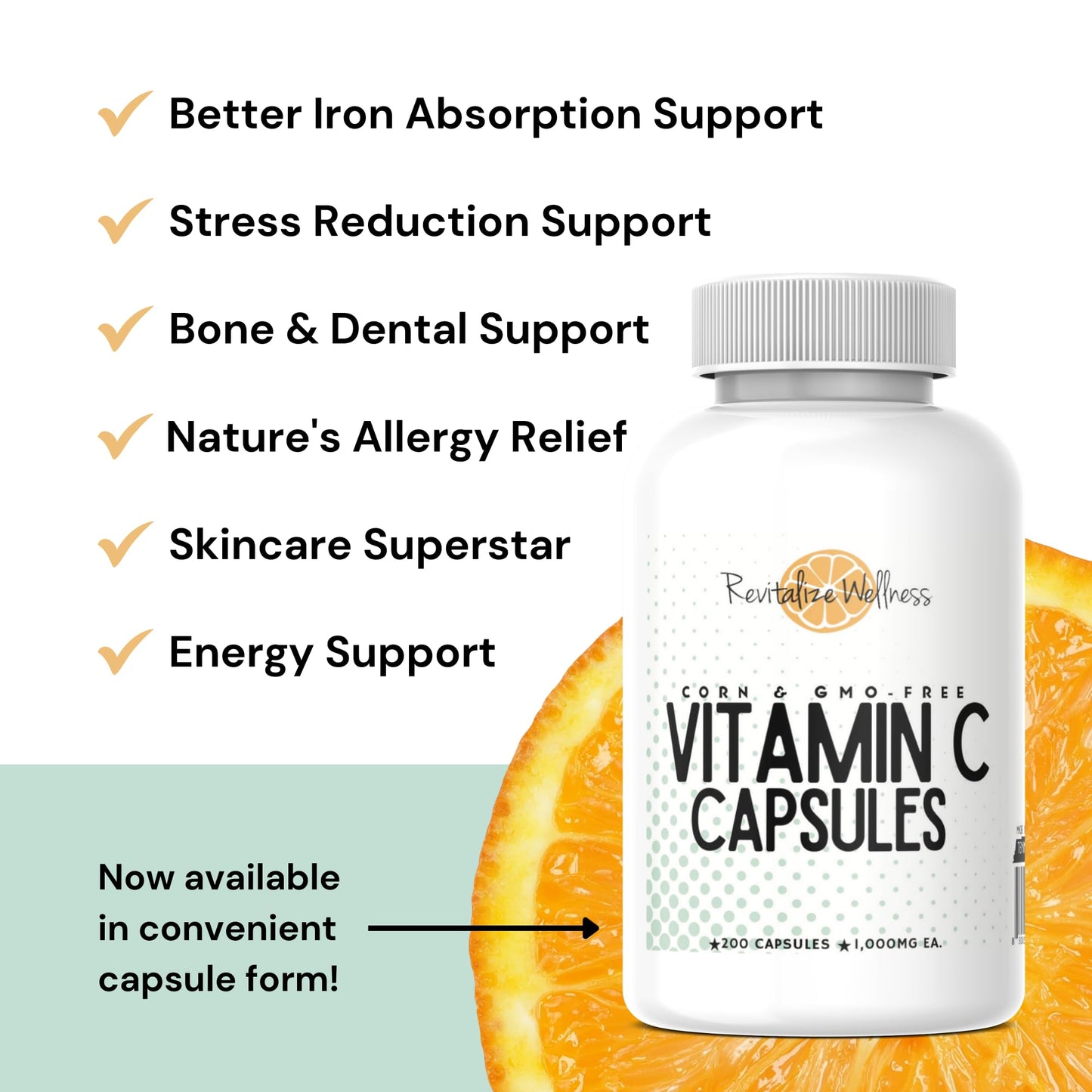 Revitalize Wellness Vitamin C Capsules – 1000 mg, 200 Servings, Pure & GMO-Free